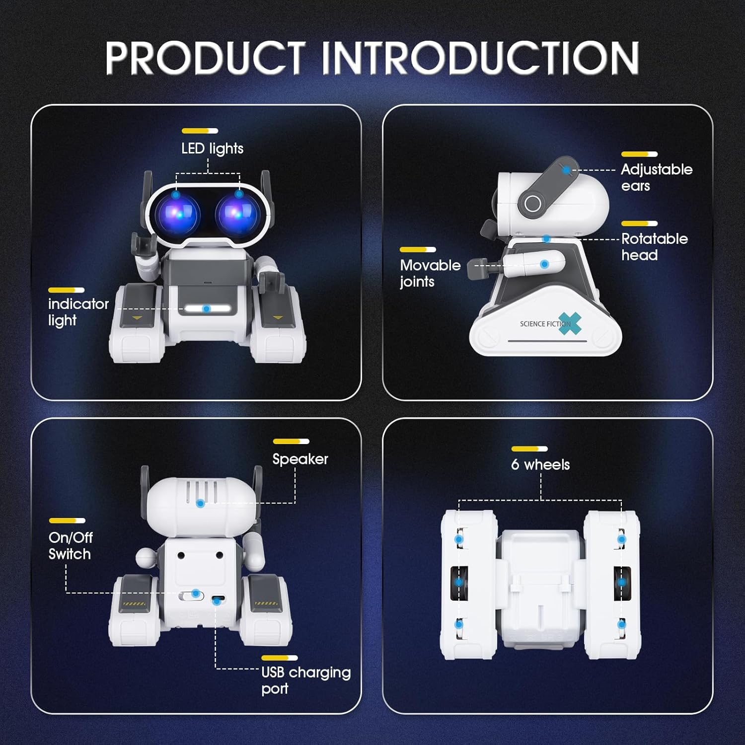 Diagram of Winthai's parts: LED lights, indicator light, adjustable ears, rotatable head, movable joints, speaker, on/off switch, USB charging port, and six wheels.