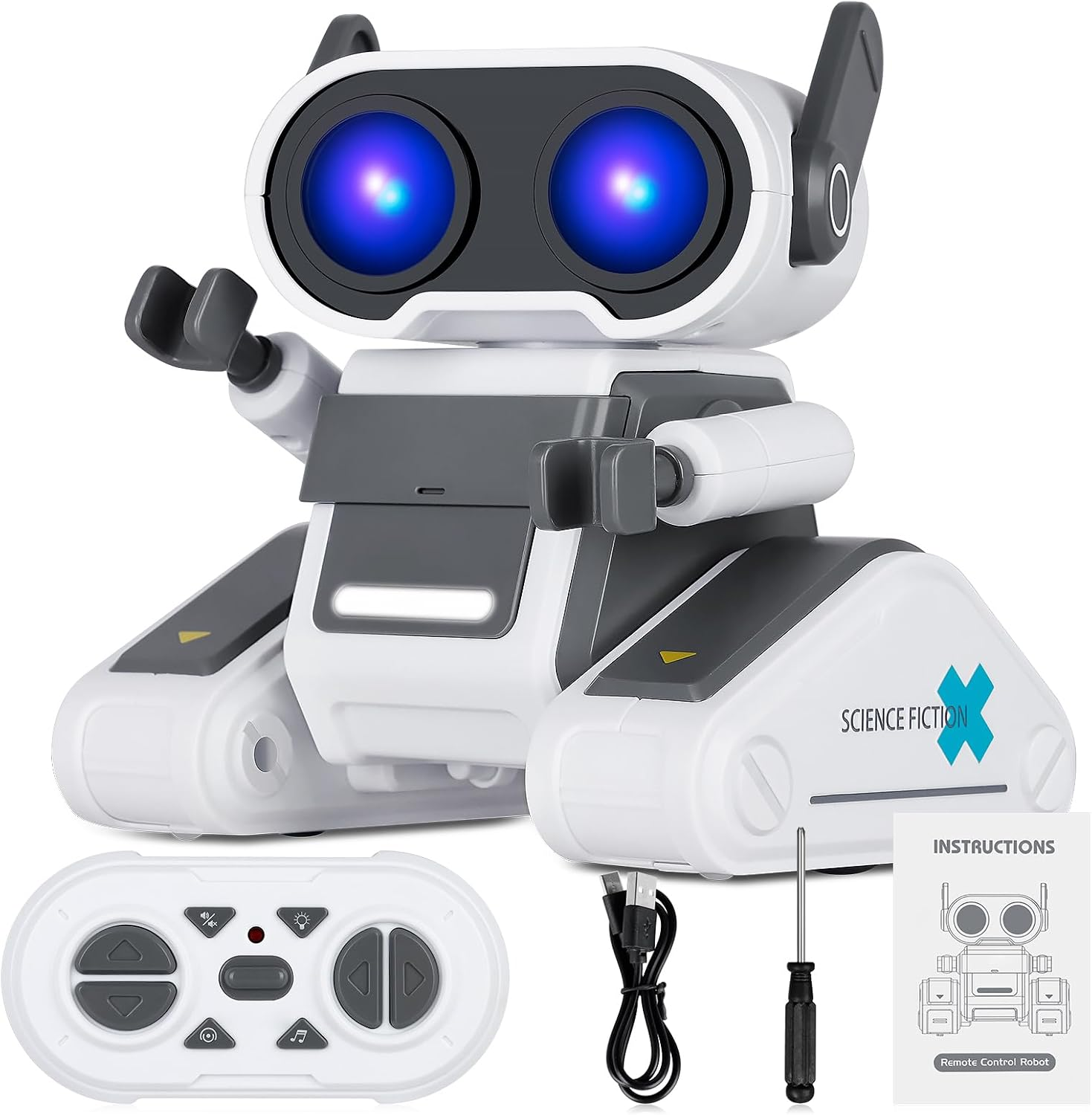 Winthai, the Science Fiction X remote control robot, with glowing blue eyes, raised arm, and tank-tread wheels, shown beside its remote, USB cable, screwdriver and instruction booklet.