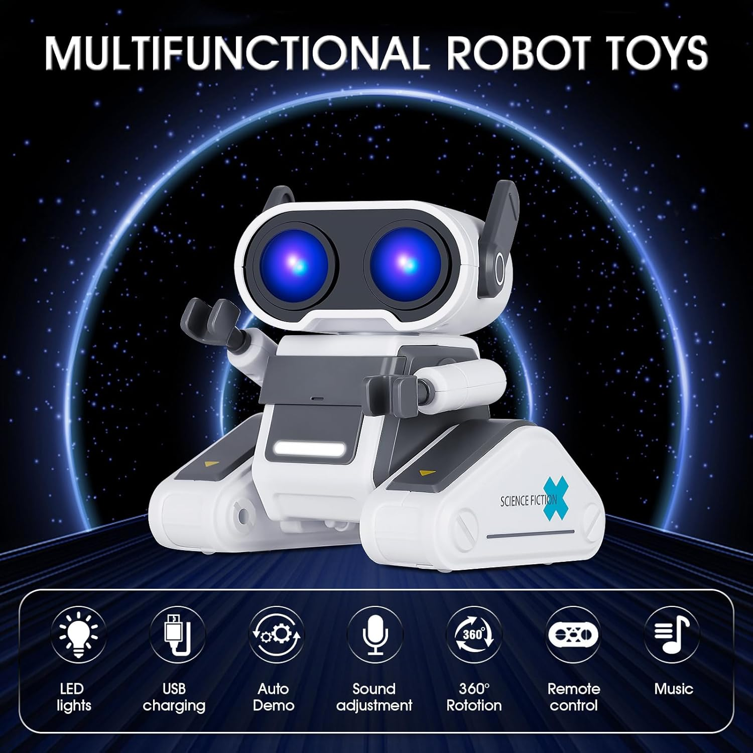 Winthai robot glowing blue against a starfield background, representing its multifunctional control features.